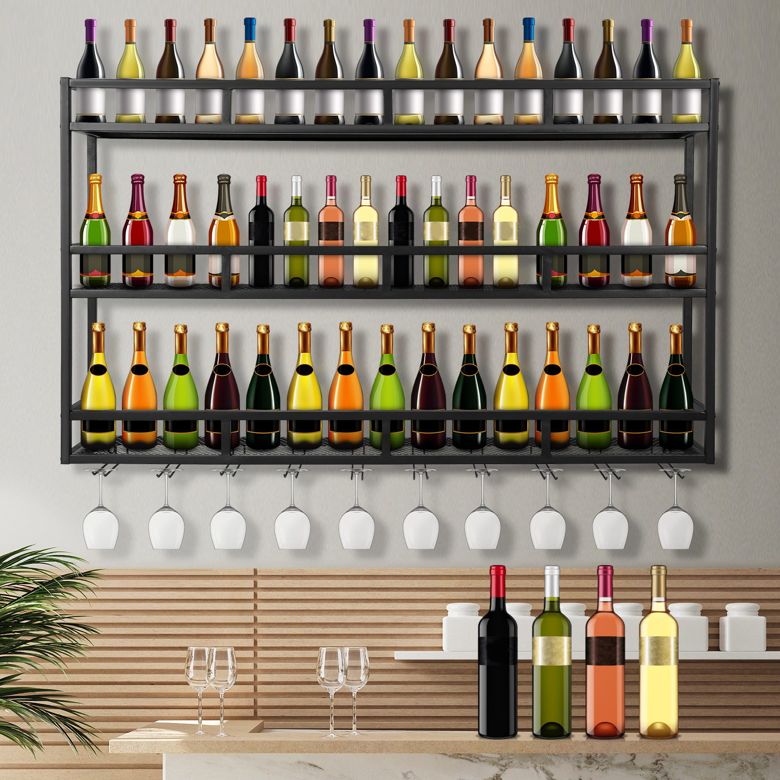 Home Bar Shelves - Bar Liquor Bottle Display Shelf Wall-Mounted