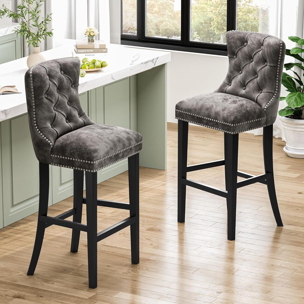 Set of 2 Light Grey Velvet Bar - Home Bar Stools 리뷰 및 가격