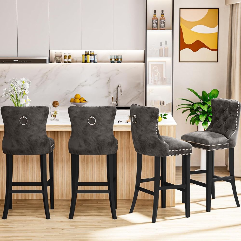 Set of 2 Light Grey Velvet Bar - Home Bar Stools 리뷰 및 가격