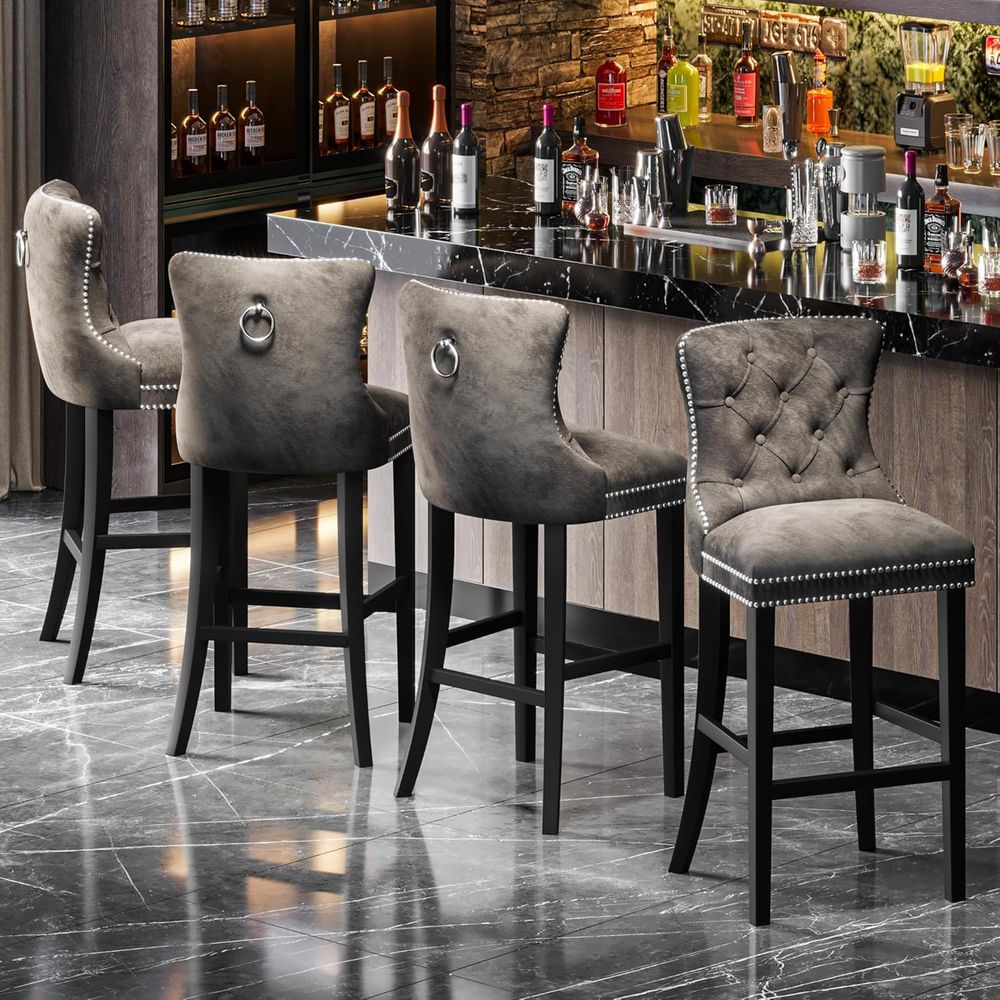 Set of 2 Light Grey Velvet Bar - Home Bar Stools 리뷰 및 가격